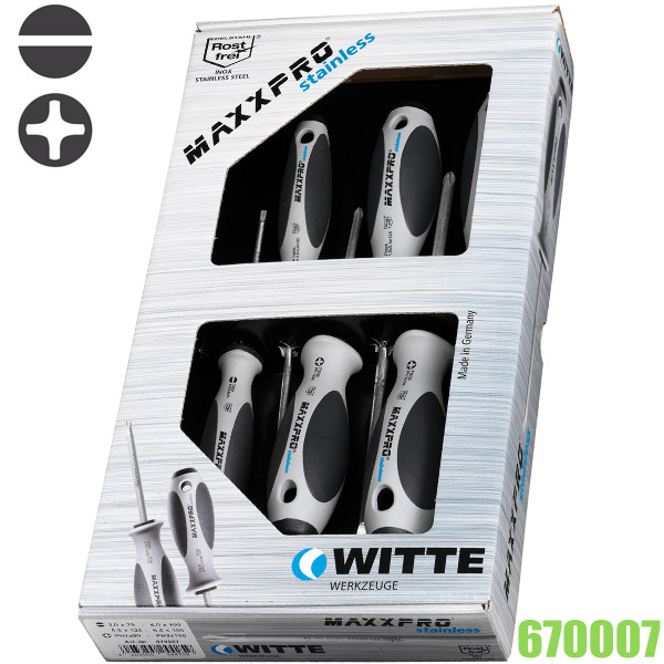 Bộ tua vít inox 670007, 6 cây dẹt và bake MAXXPRO WITTE hàng Đức