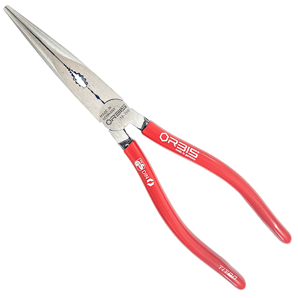 Kìm mỏ nhọn 8 inch, mặt cạnh đen mặt bóng, cán PVC đỏ