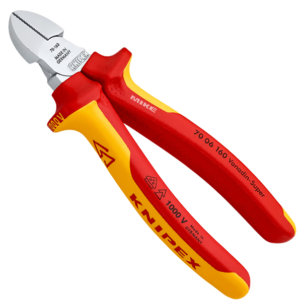 Kìm cắt cạnh 160mm, cắt đến Ø4mm. Cán cách điện VDE, đầu Mạ chrome